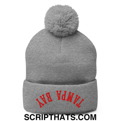 Upside Down Tampa Bay Football Embroidered Pom Pom Knit Beanie Heather Grey
