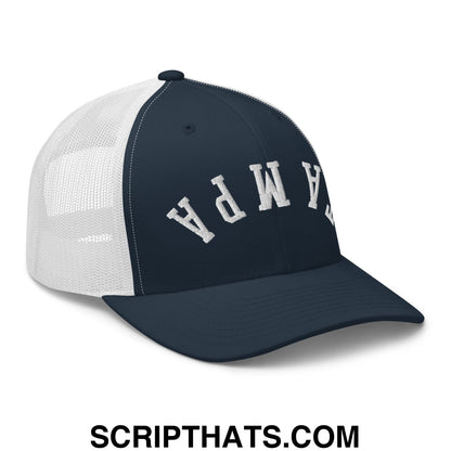Upside Down Tampa Embroidered Mesh Trucker Hat Navy White