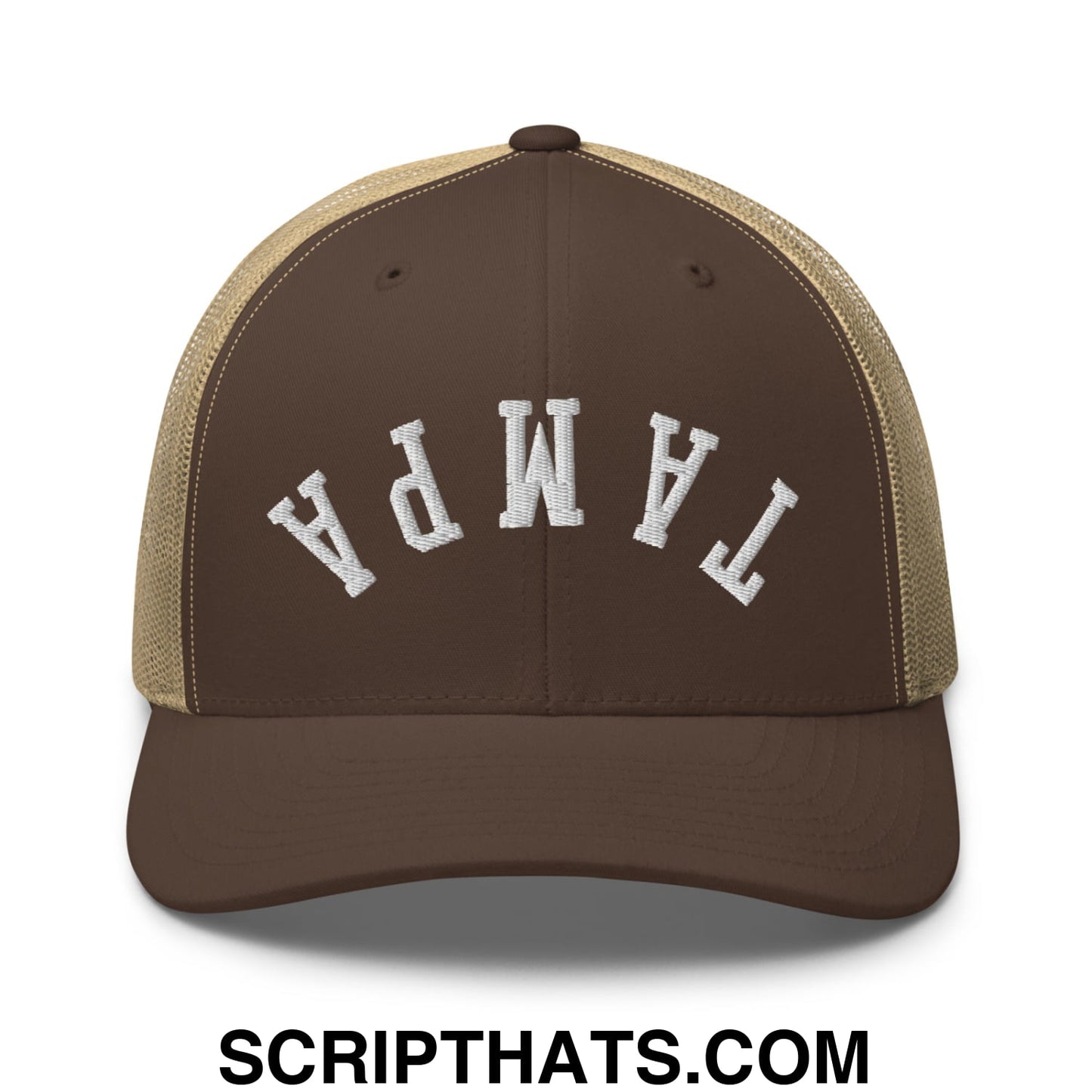 Upside Down Tampa Embroidered Mesh Trucker Hat Brown Khaki