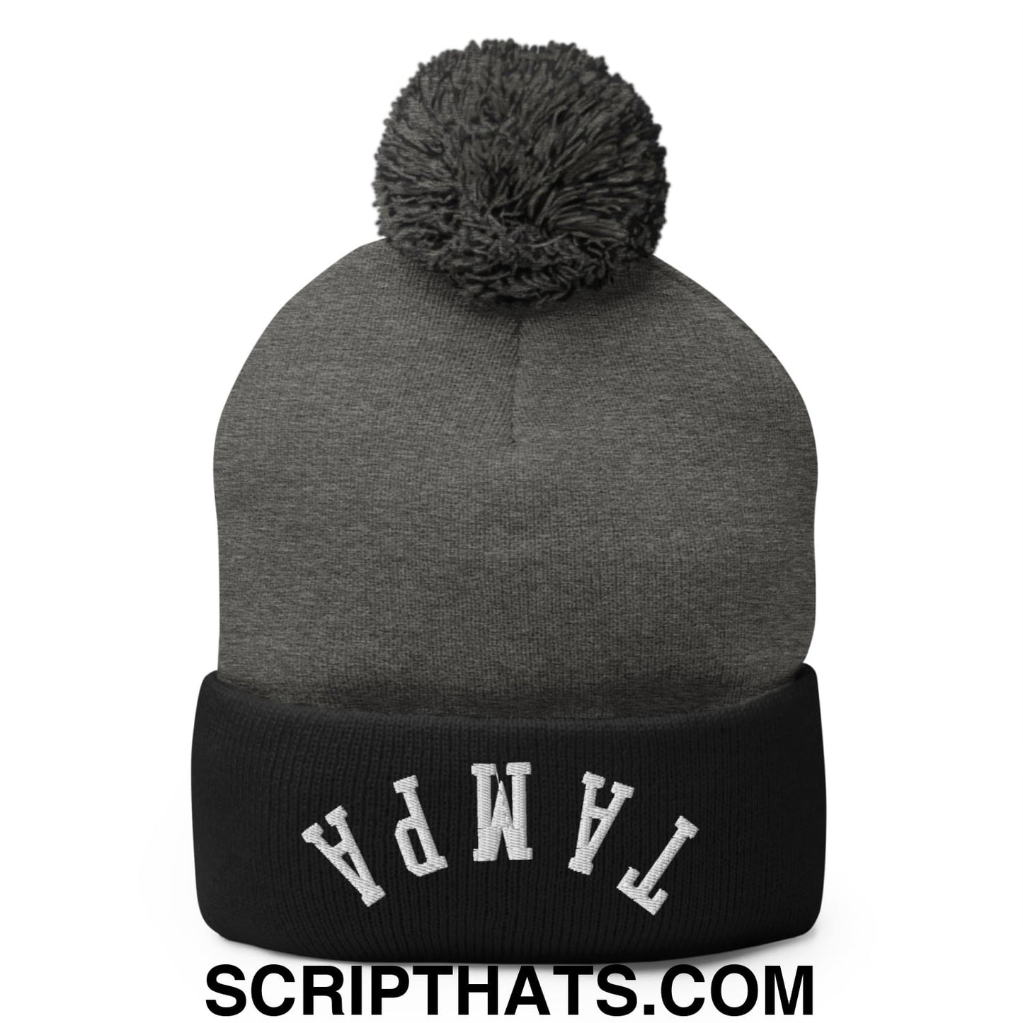 Upside Down Tampa Embroidered Pom Pom Knit Beanie Dark Heather Grey Black