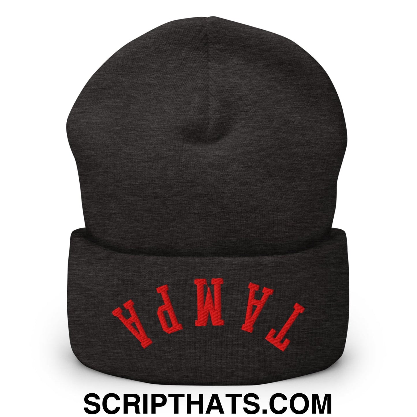 Upside Down Tampa Football Embroidered Cuffed Knit Beanie Dark Grey