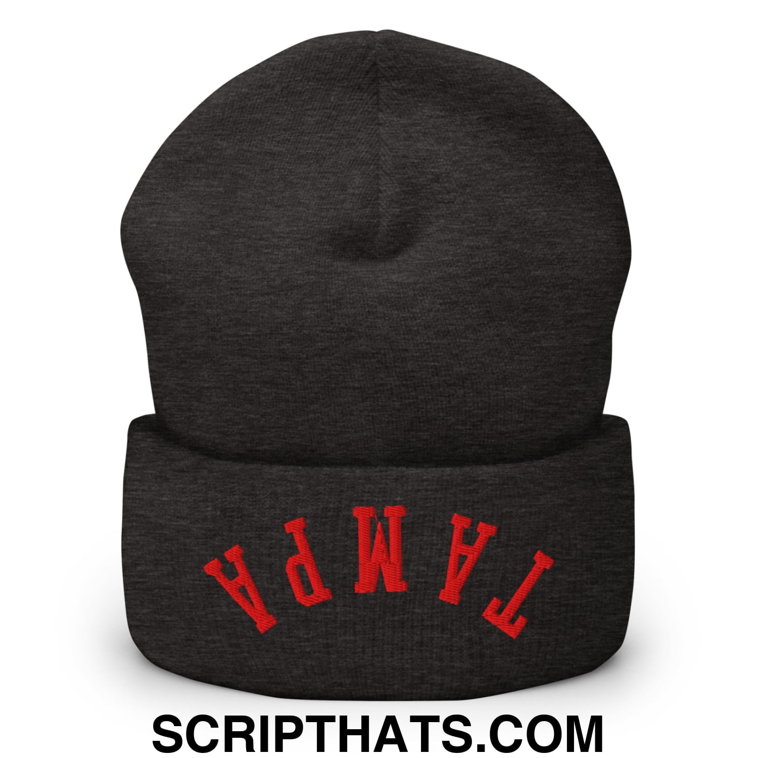 Upside Down Tampa Football Embroidered Cuffed Knit Beanie Dark Grey