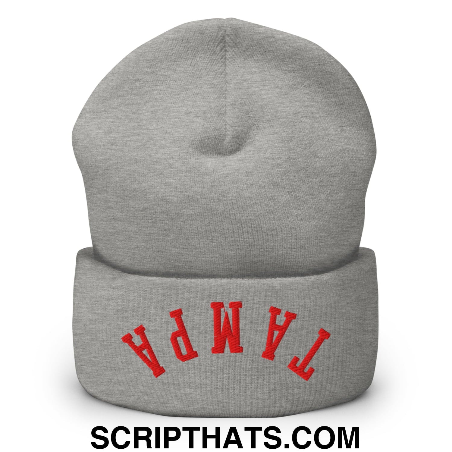 Upside Down Tampa Football Embroidered Cuffed Knit Beanie Heather Grey