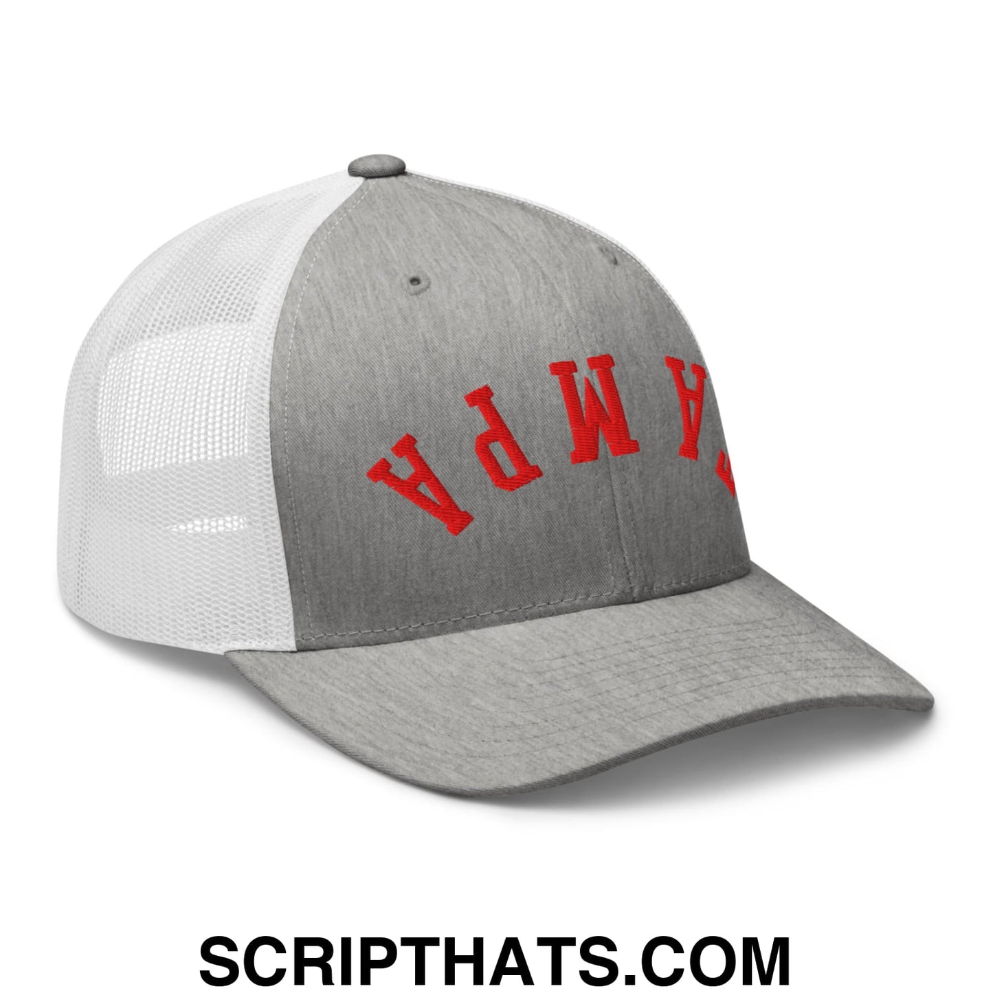 Upside Down Tampa Football Embroidered Mesh Trucker Hat Heather Grey White
