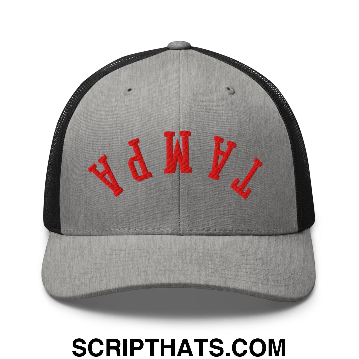Upside Down Tampa Football Embroidered Mesh Trucker Hat Heather Black