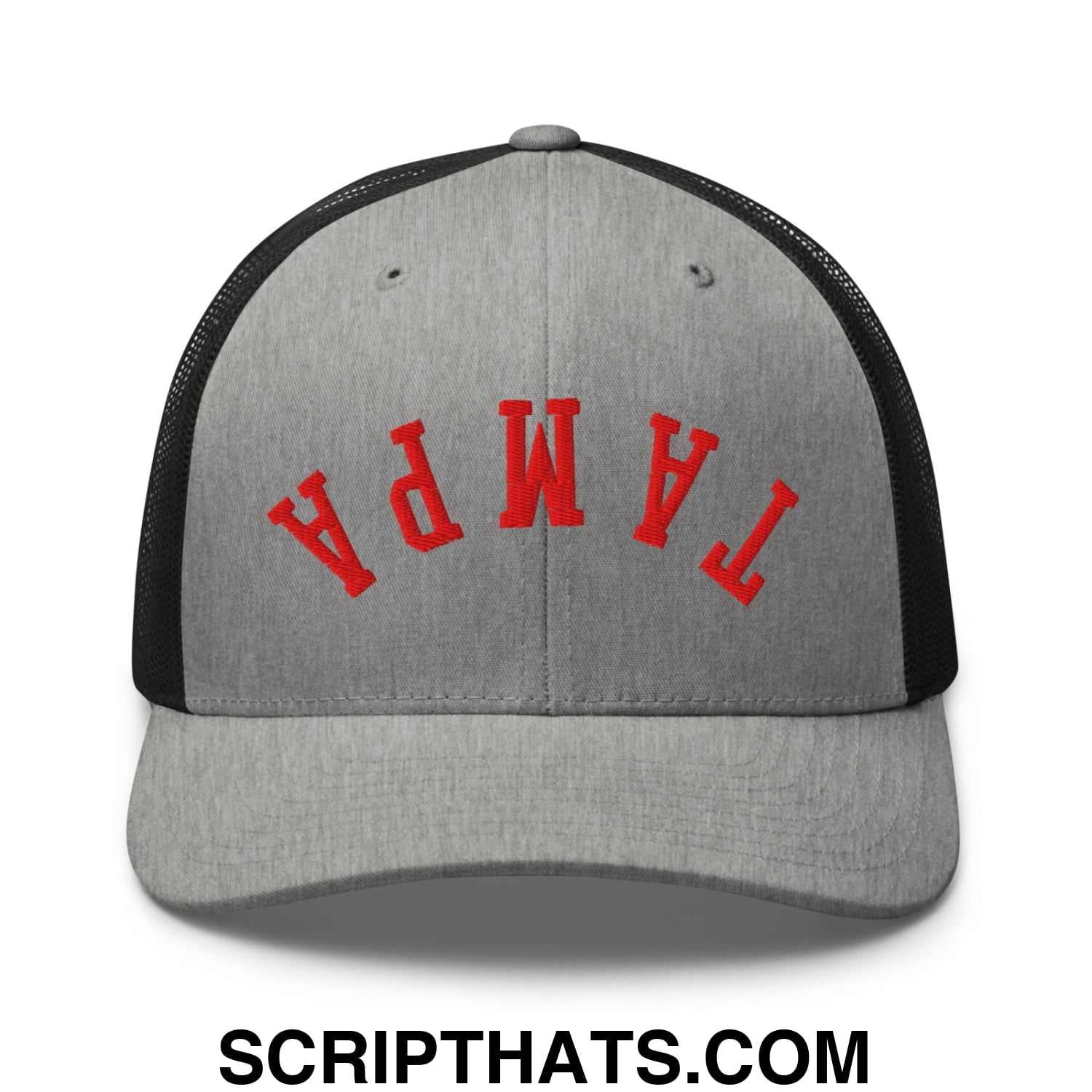 Upside Down Tampa Football Embroidered Mesh Trucker Hat Heather Black