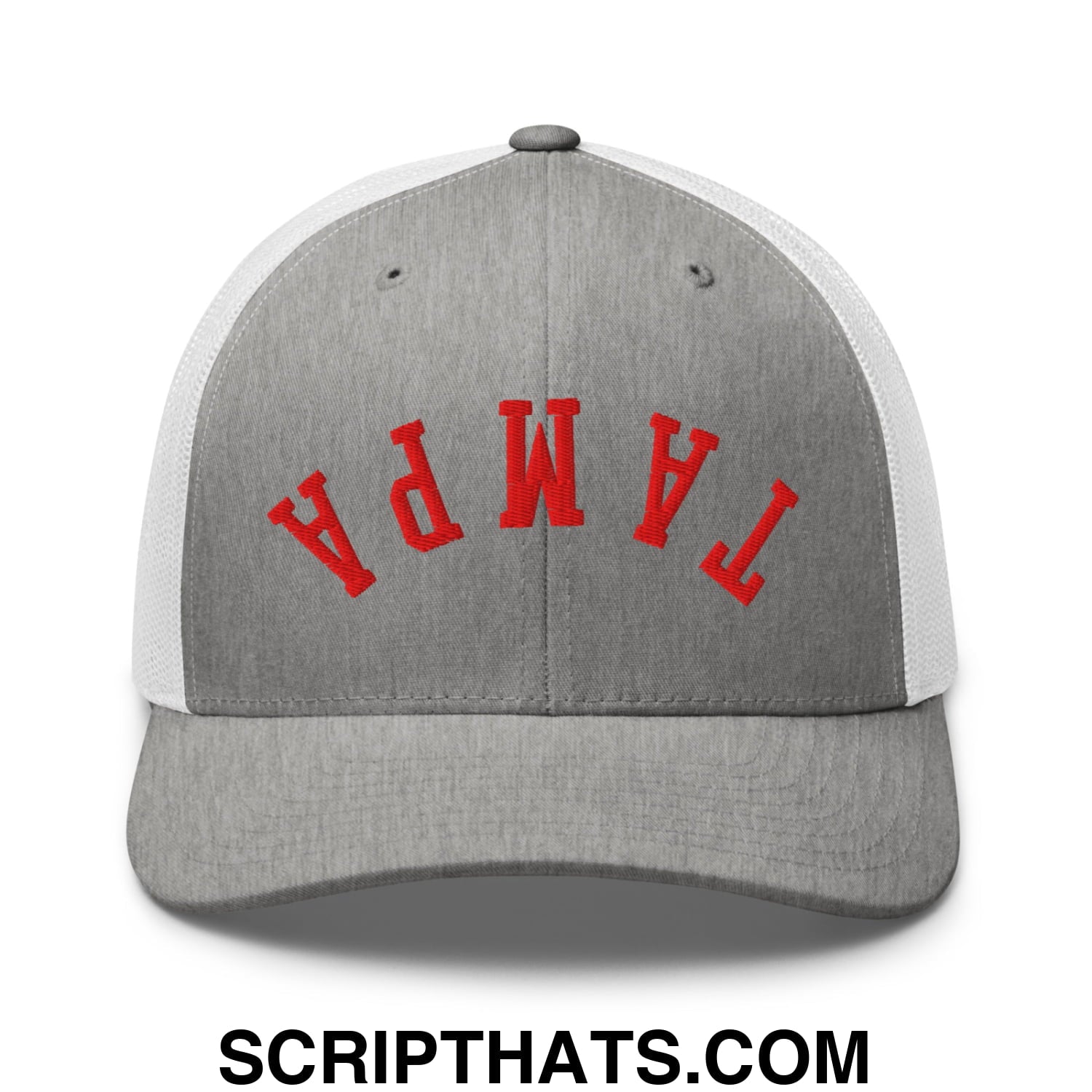 Upside Down Tampa Football Embroidered Mesh Trucker Hat Heather Grey White