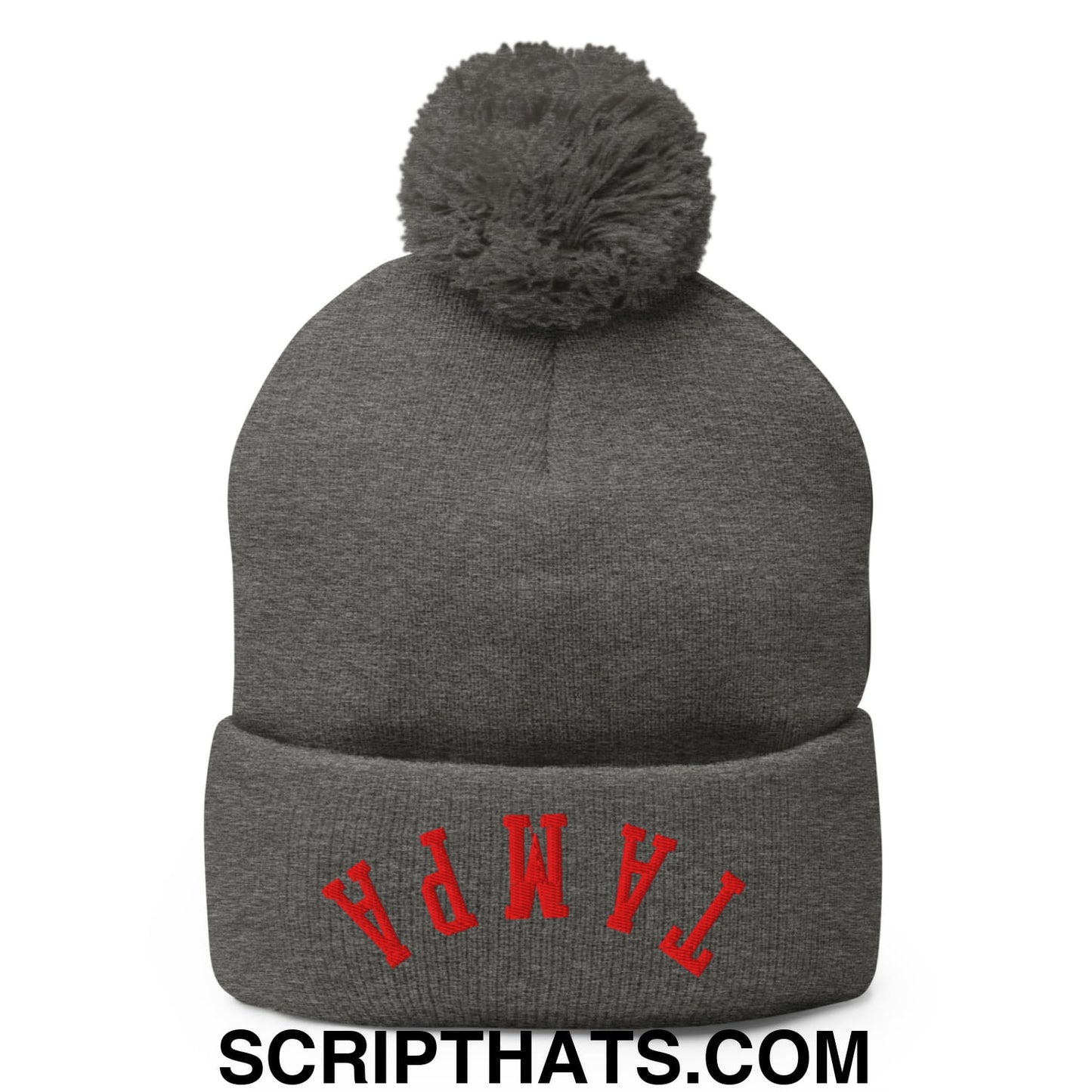 Upside Down Tampa Football Embroidered Pom Pom Knit Beanie Dark Heather Grey