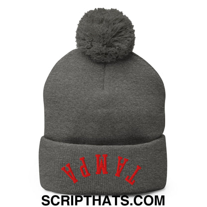 Upside Down Tampa Football Embroidered Pom Pom Knit Beanie Dark Heather Grey