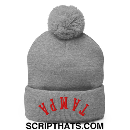 Upside Down Tampa Football Embroidered Pom Pom Knit Beanie Heather Grey