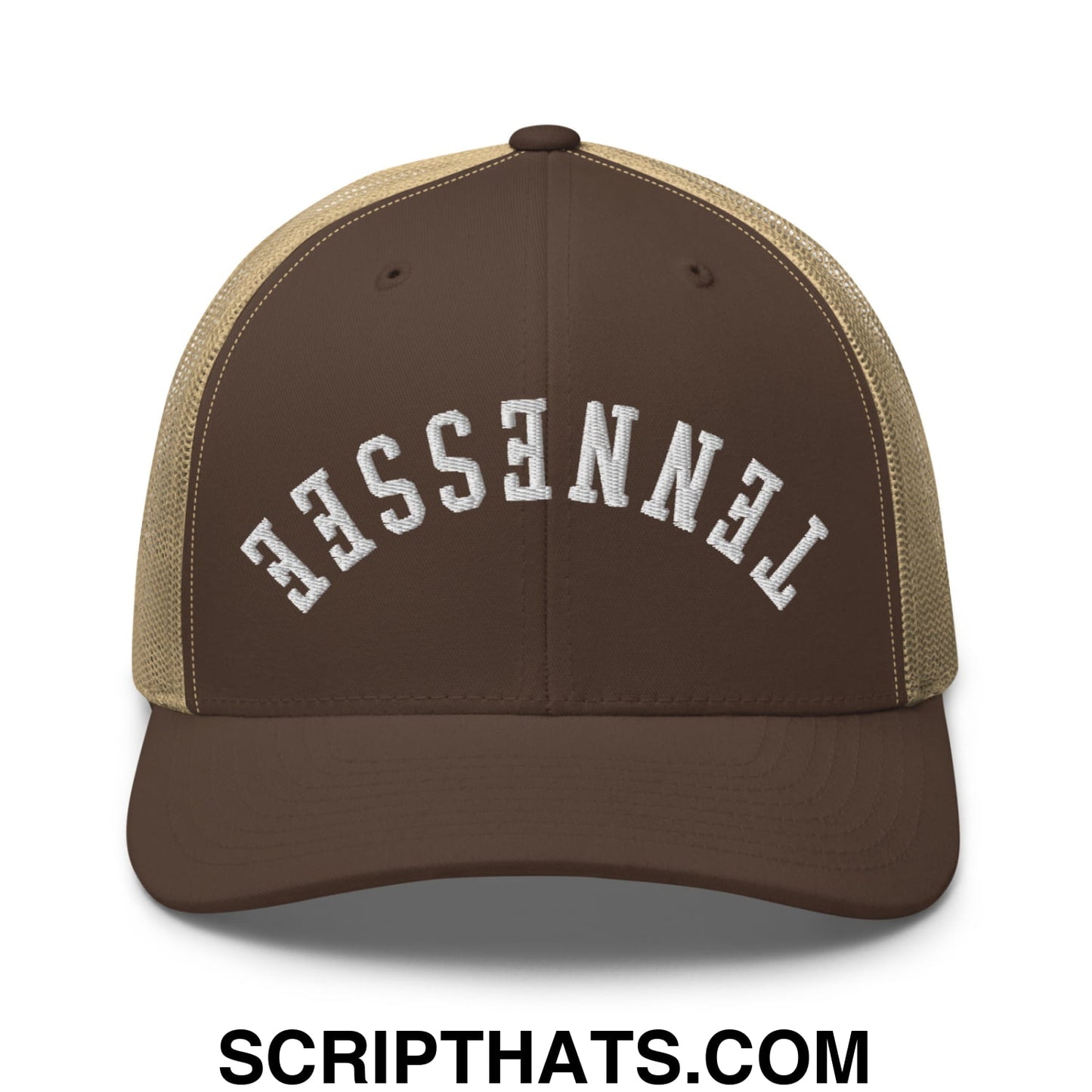 Upside Down Tennessee Embroidered Mesh Trucker Hat Brown Khaki