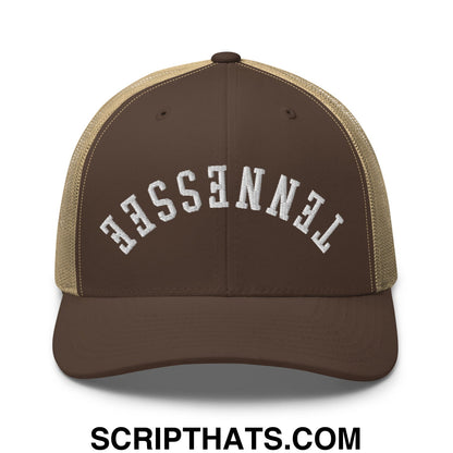 Upside Down Tennessee Embroidered Mesh Trucker Hat Brown Khaki