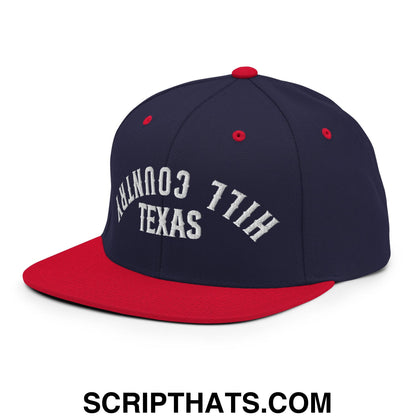 Upside Down Texas Hill Country Embroidered Flat Bill Brim Snapback Hat Navy Red