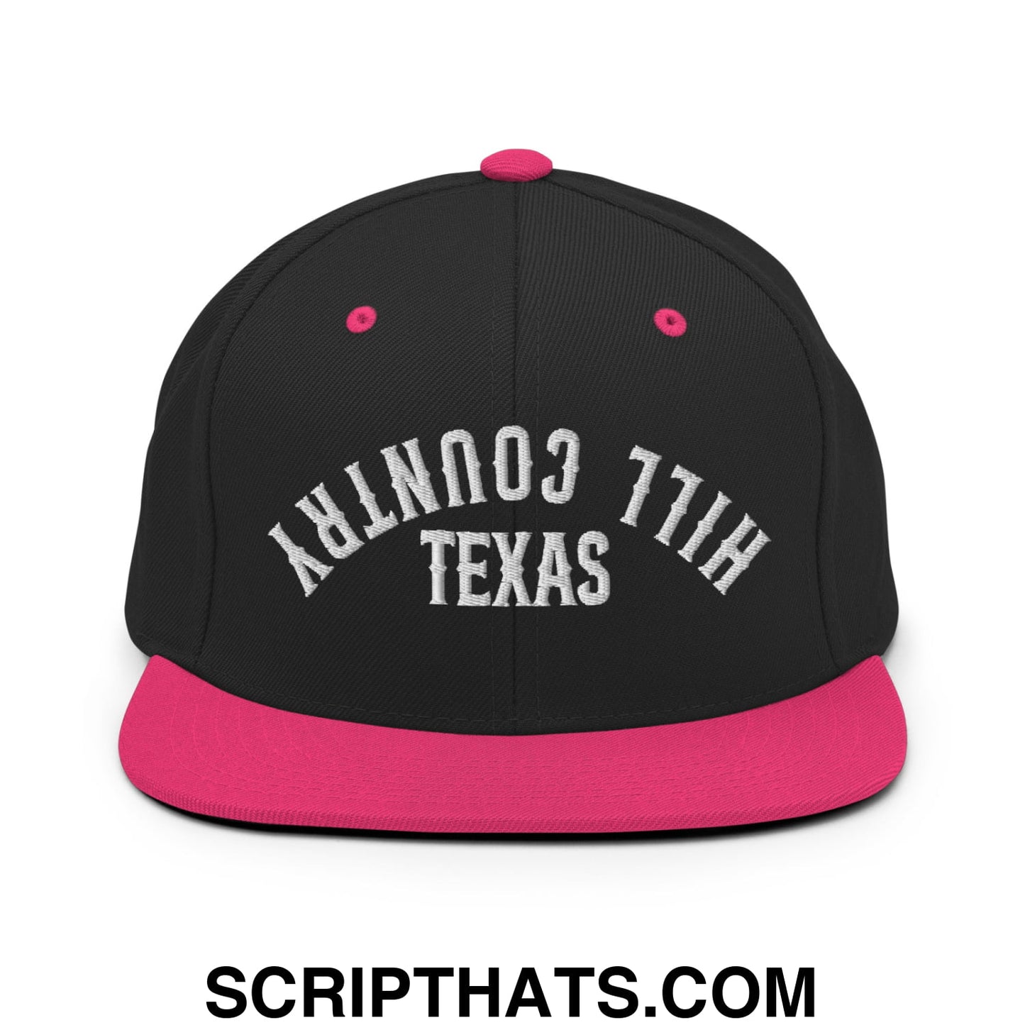 Upside Down Texas Hill Country Embroidered Flat Bill Brim Snapback Hat Black Neon Pink