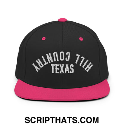 Upside Down Texas Hill Country Embroidered Flat Bill Brim Snapback Hat Black Neon Pink