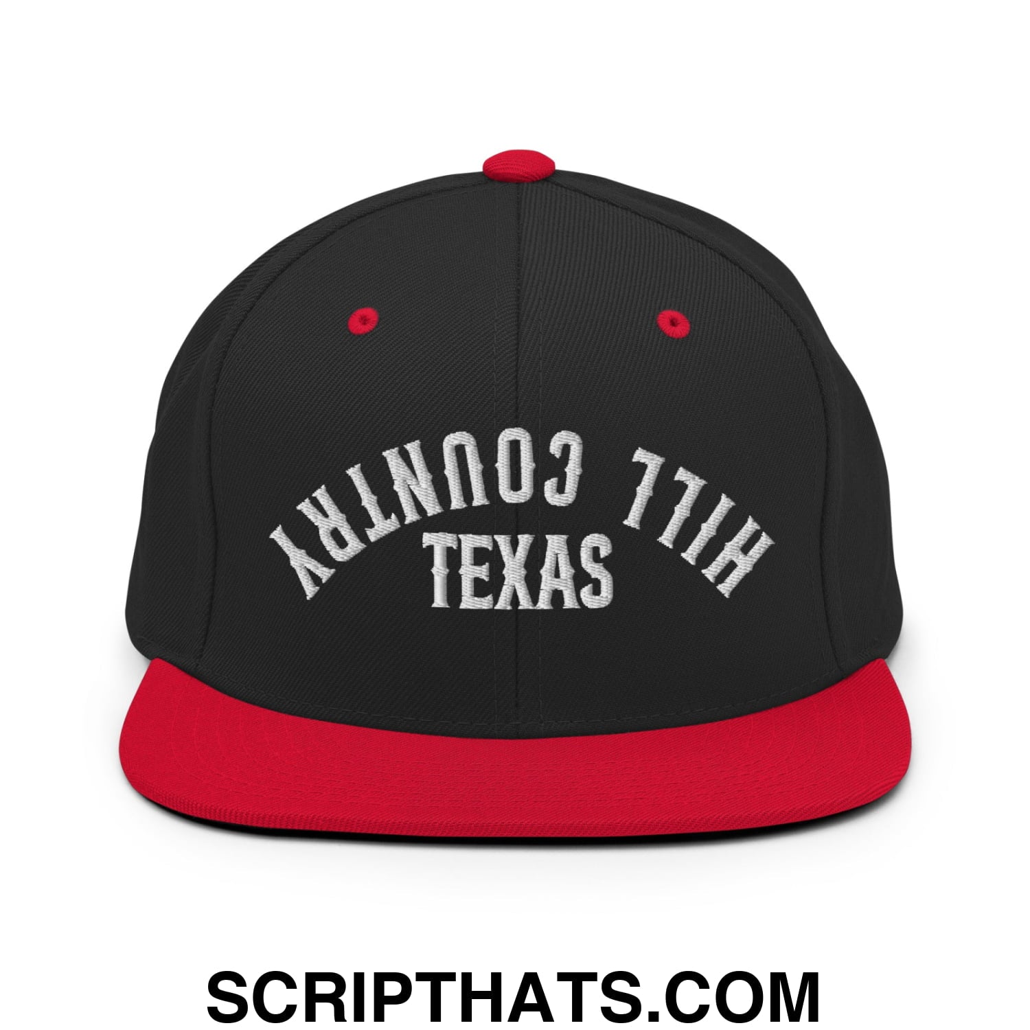 Upside Down Texas Hill Country Embroidered Flat Bill Brim Snapback Hat Black Red