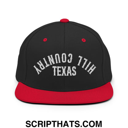 Upside Down Texas Hill Country Embroidered Flat Bill Brim Snapback Hat Black Red
