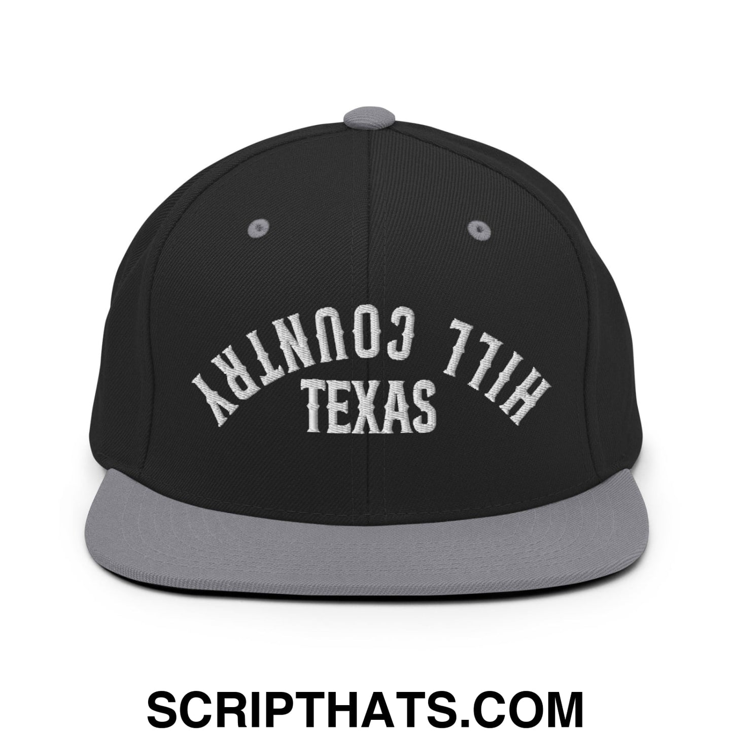 Upside Down Texas Hill Country Embroidered Flat Bill Brim Snapback Hat Black Silver