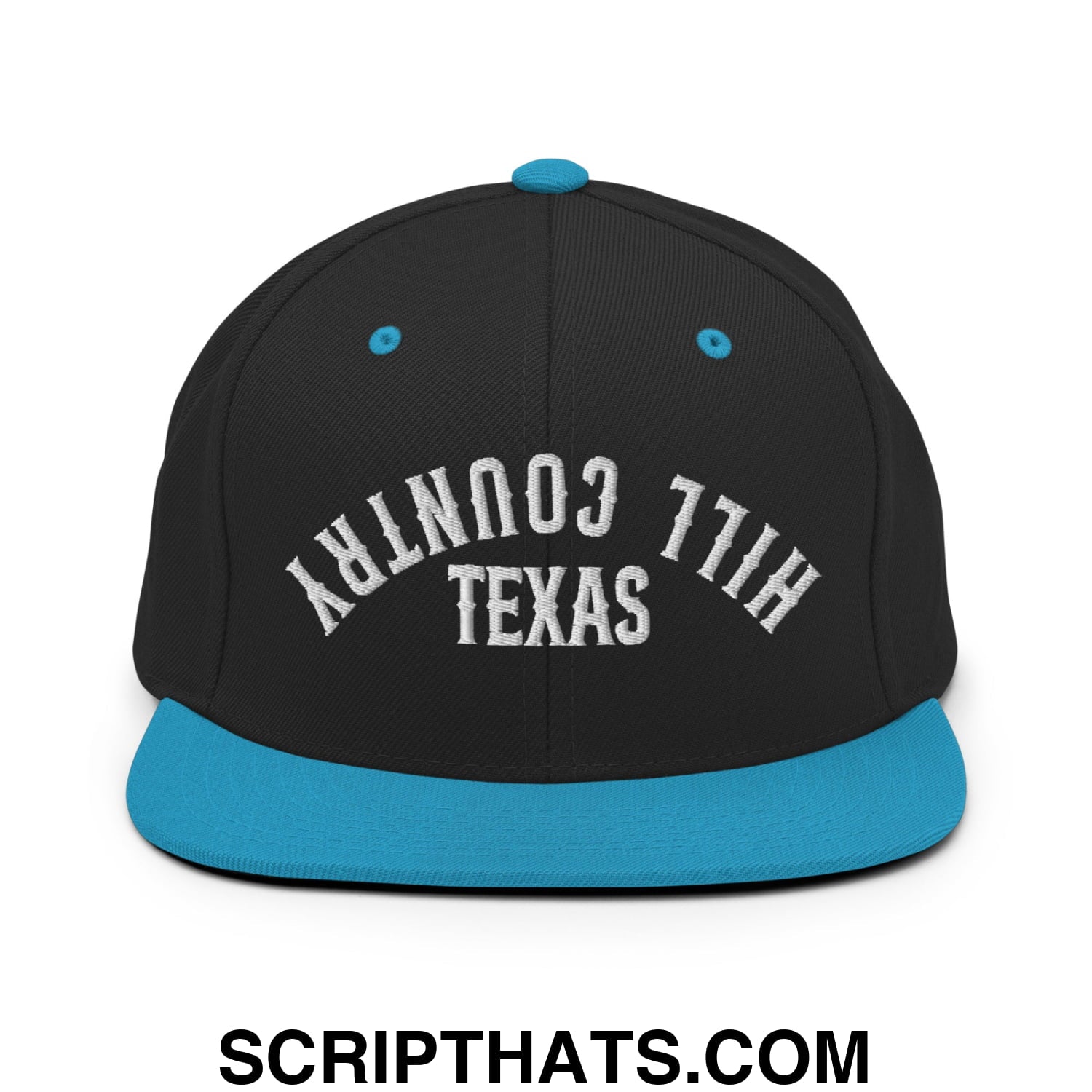 Upside Down Texas Hill Country Embroidered Flat Bill Brim Snapback Hat Black Teal