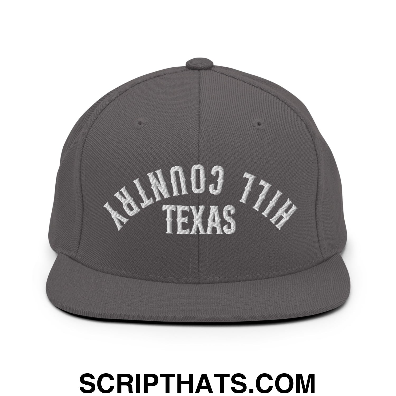 Upside Down Texas Hill Country Embroidered Flat Bill Brim Snapback Hat Dark Grey