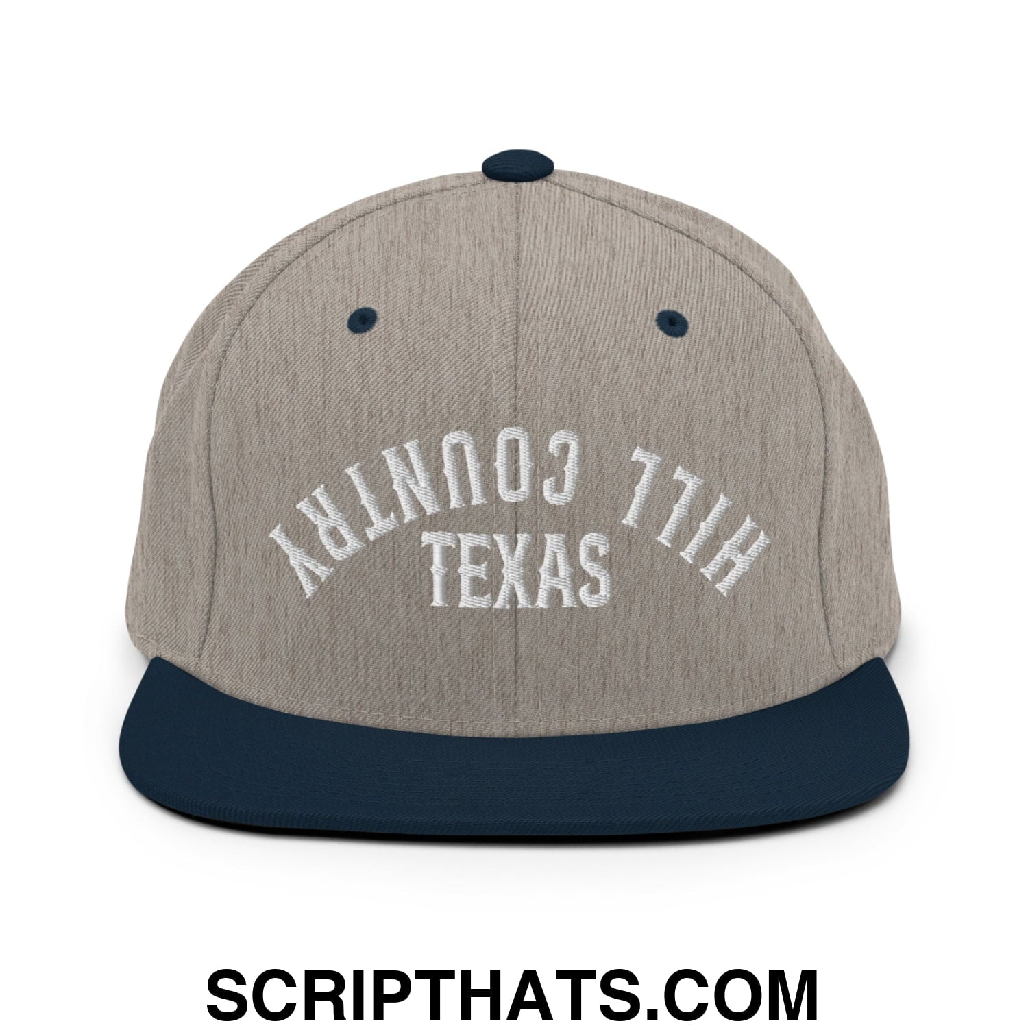 Upside Down Texas Hill Country Embroidered Flat Bill Brim Snapback Hat Heather Grey Navy