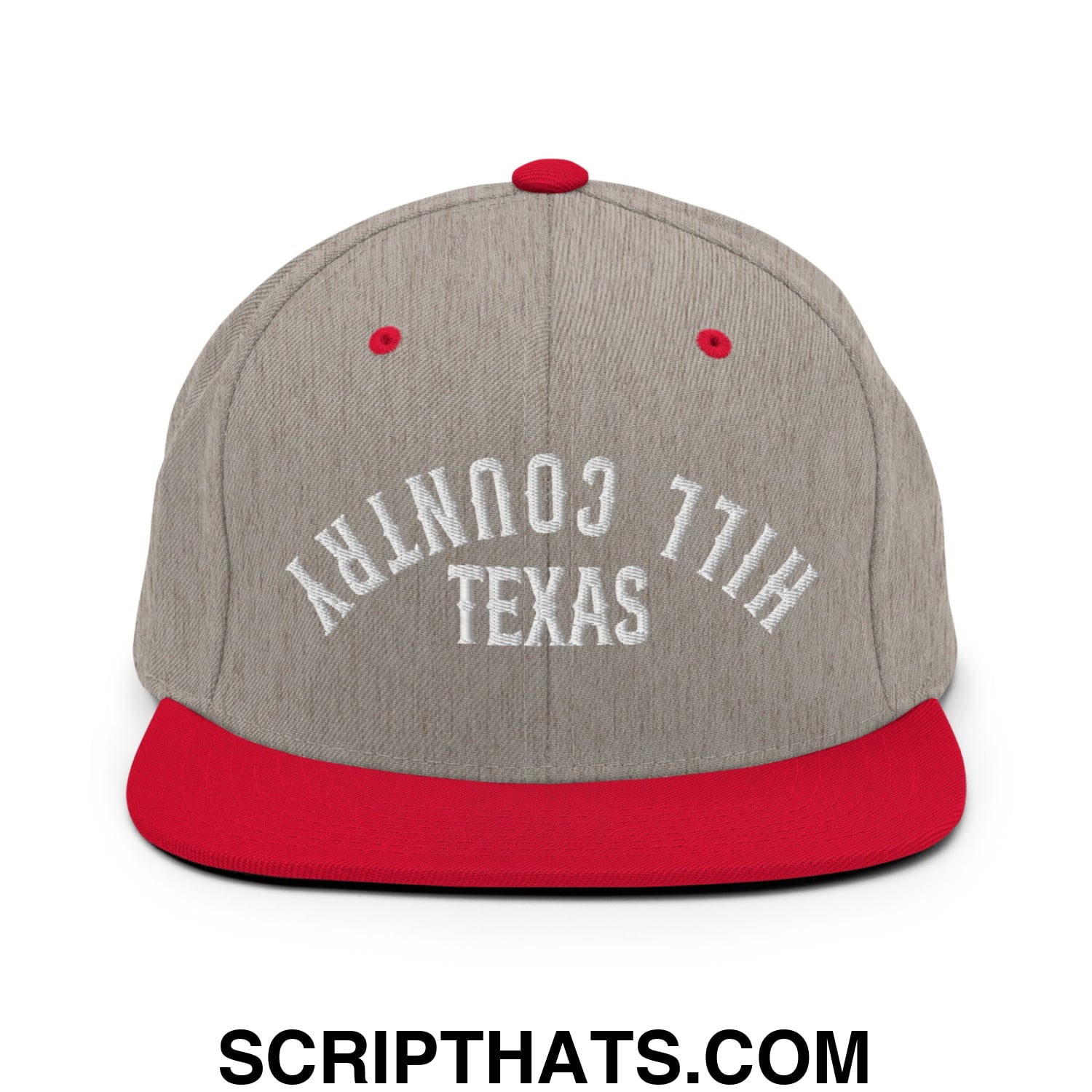 Upside Down Texas Hill Country Embroidered Flat Bill Brim Snapback Hat Heather Grey Red