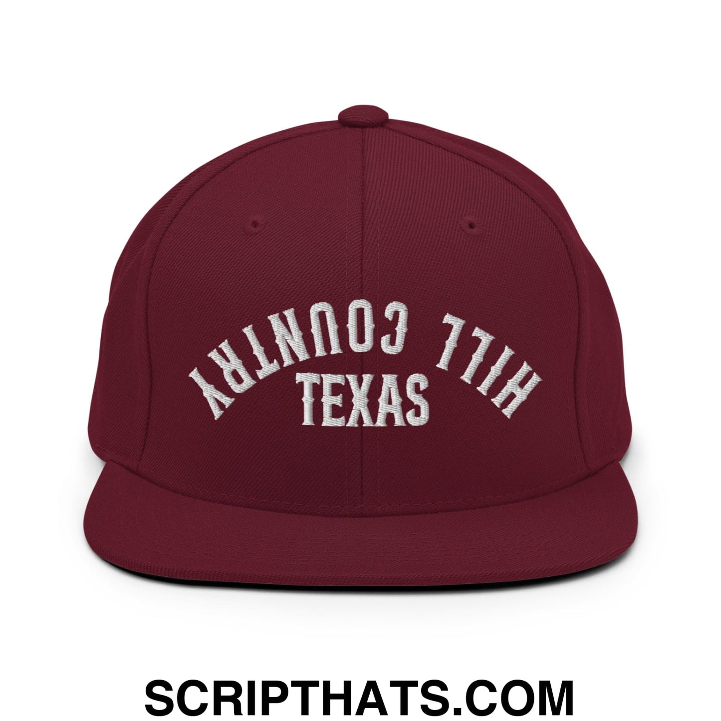 Upside Down Texas Hill Country Embroidered Flat Bill Brim Snapback Hat Maroon