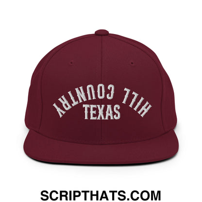 Upside Down Texas Hill Country Embroidered Flat Bill Brim Snapback Hat Maroon