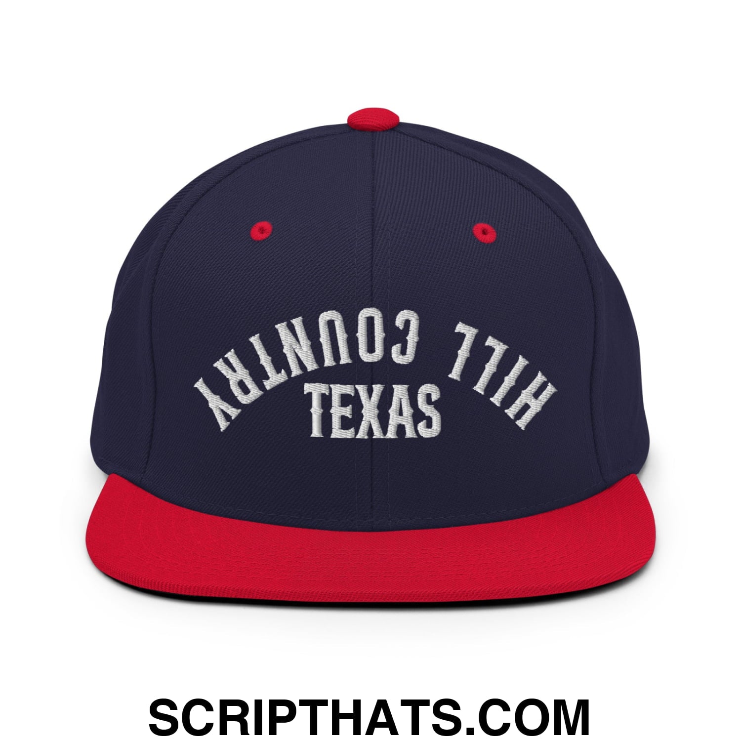 Upside Down Texas Hill Country Embroidered Flat Bill Brim Snapback Hat Navy Red