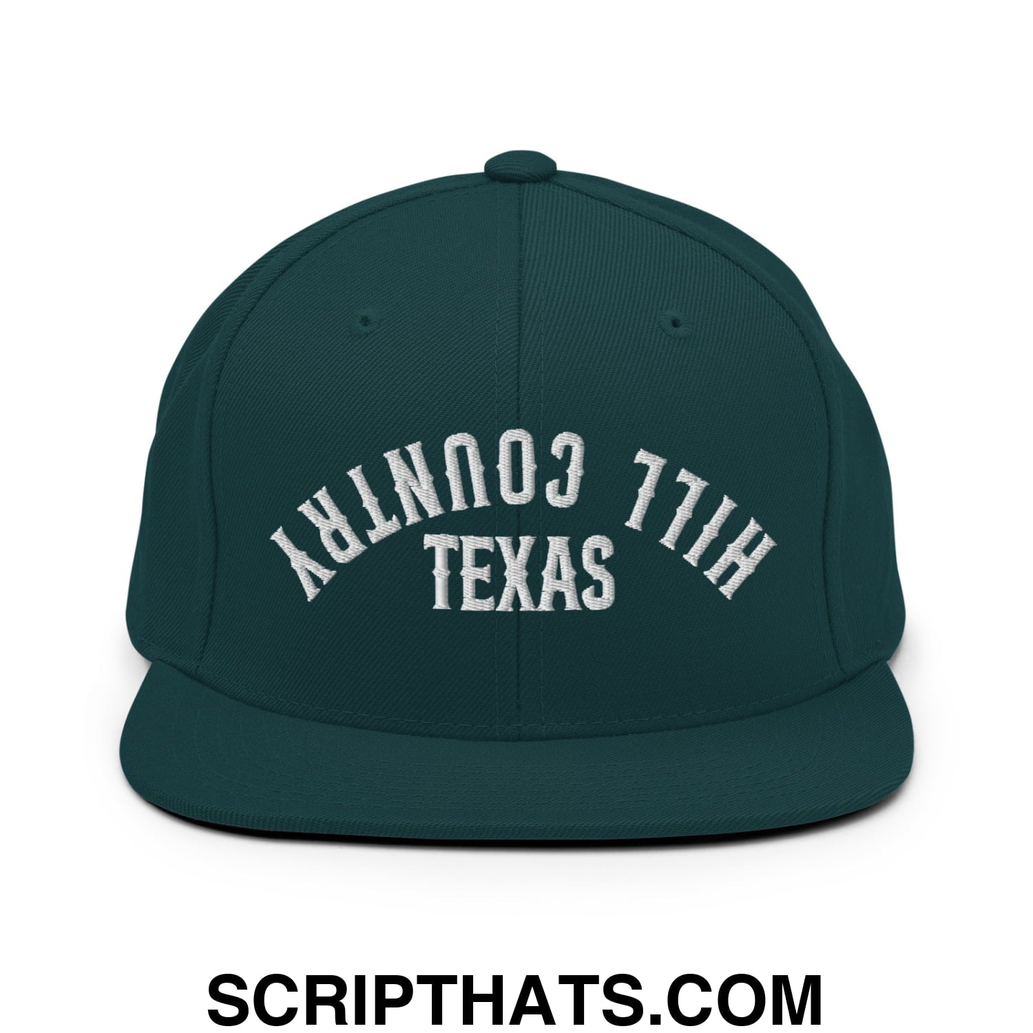 Upside Down Texas Hill Country Embroidered Flat Bill Brim Snapback Hat Spruce