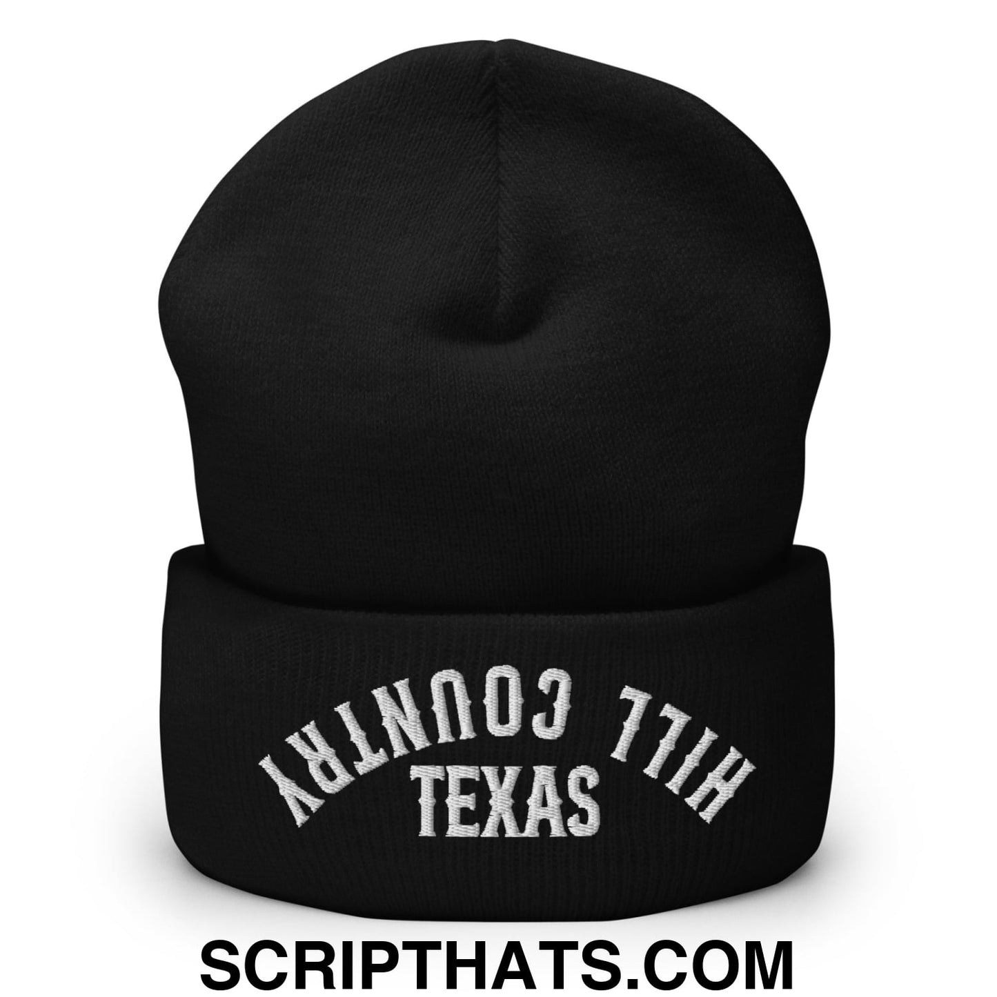 Upside Down Texas Hill Country Embroidered Knit Cuffed Beanie Black