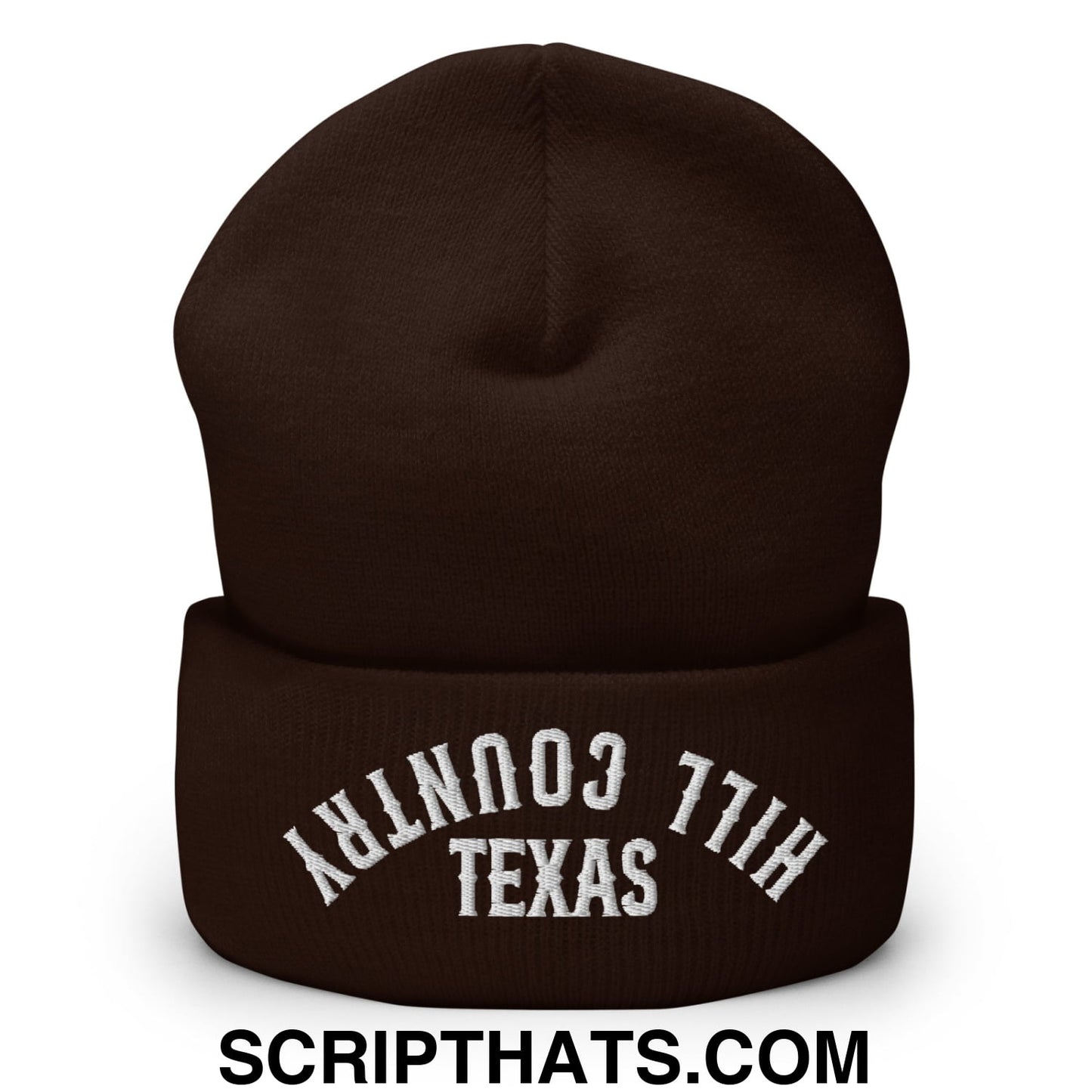 Upside Down Texas Hill Country Embroidered Knit Cuffed Beanie Brown
