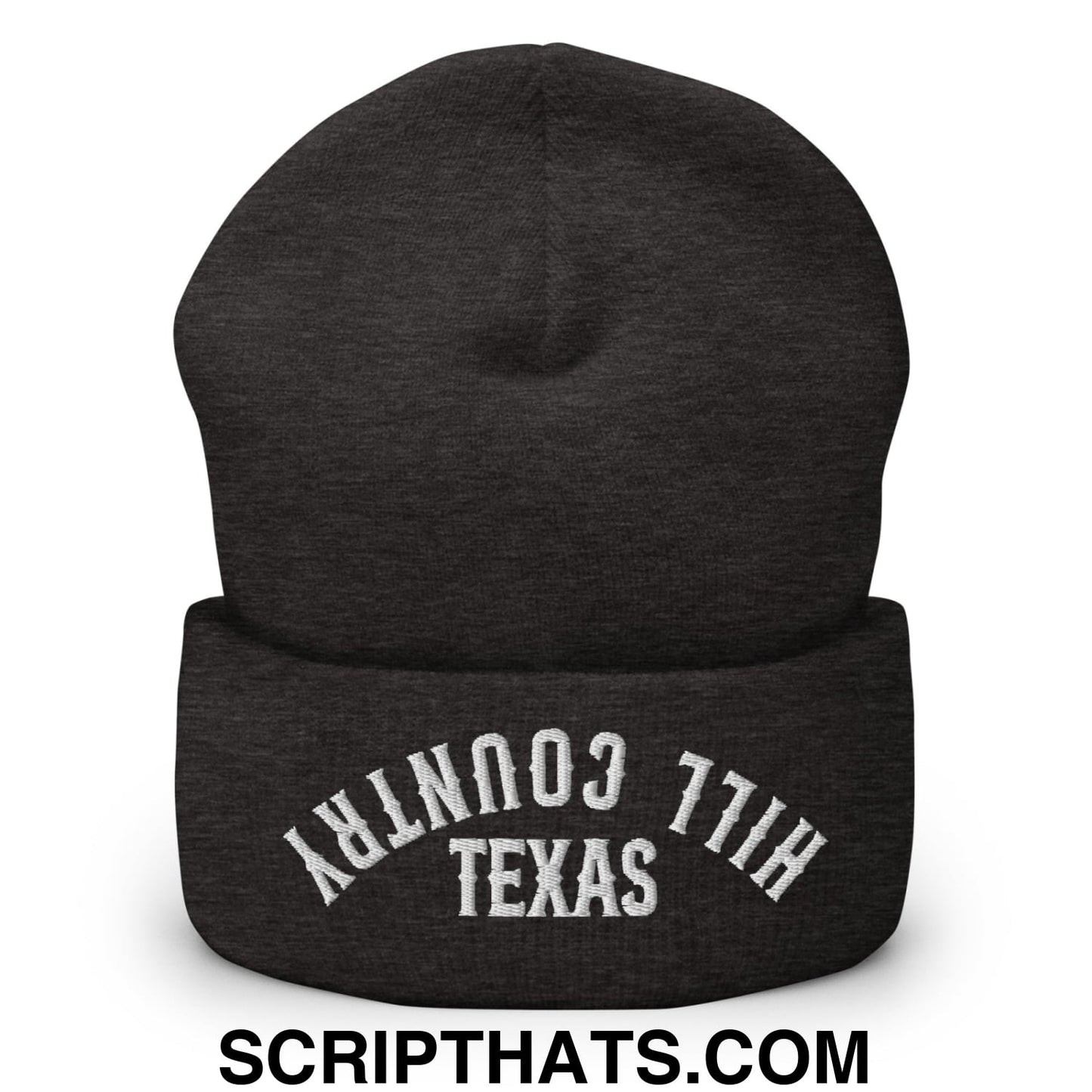 Upside Down Texas Hill Country Embroidered Knit Cuffed Beanie Dark Grey