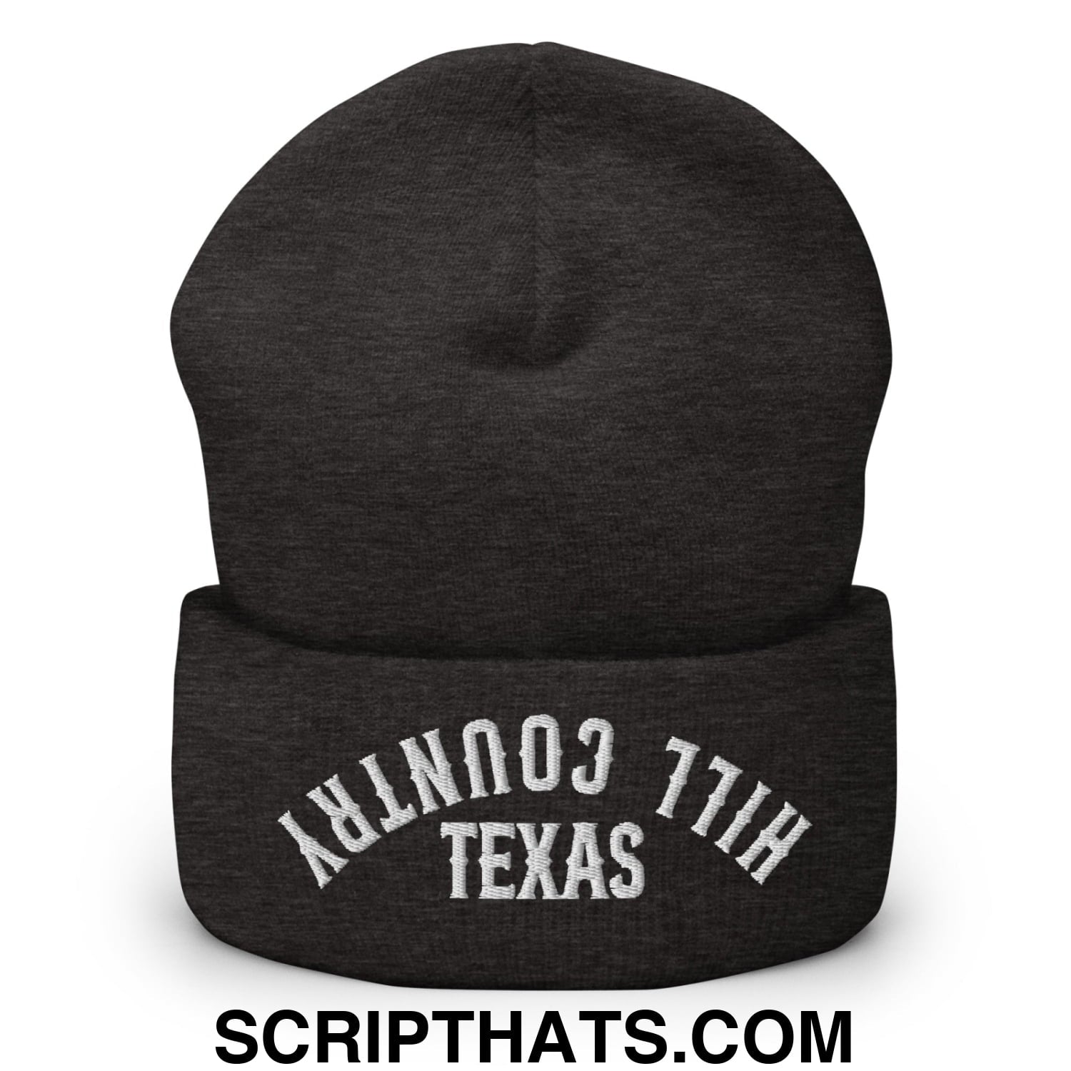 Upside Down Texas Hill Country Embroidered Knit Cuffed Beanie Dark Grey