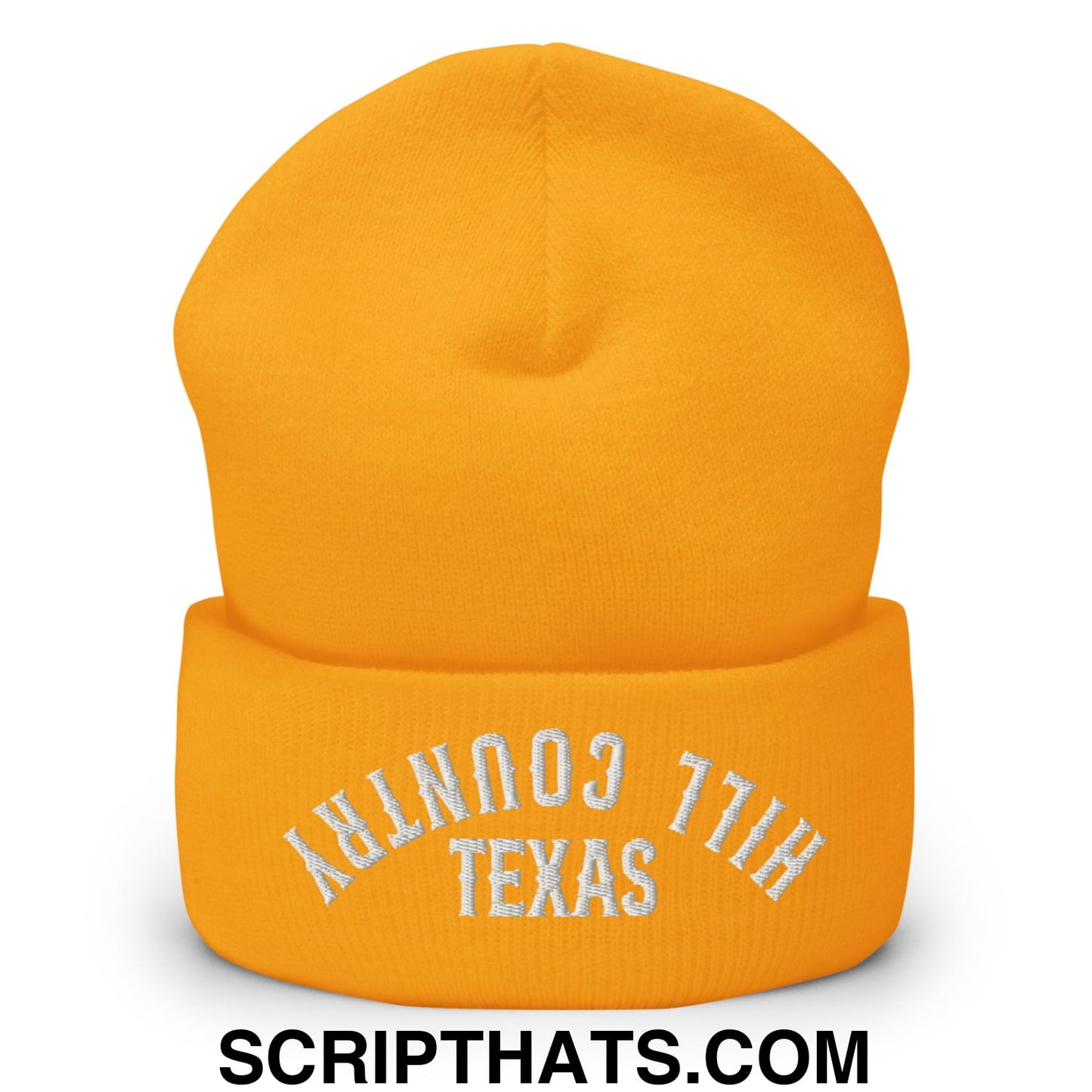 Upside Down Texas Hill Country Embroidered Knit Cuffed Beanie Gold