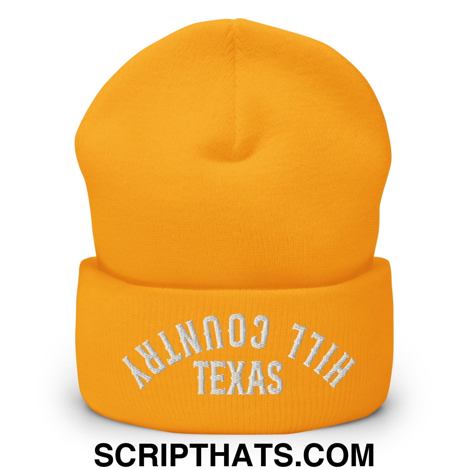 Upside Down Texas Hill Country Embroidered Knit Cuffed Beanie Gold