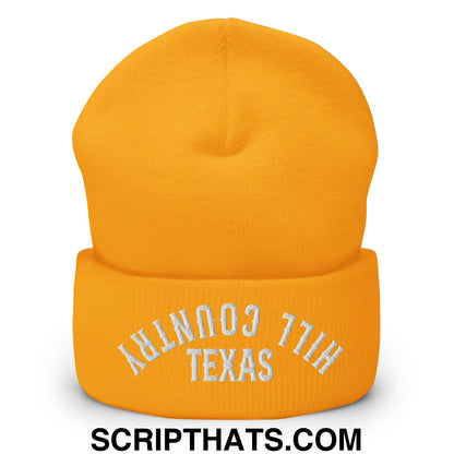 Upside Down Texas Hill Country Embroidered Knit Cuffed Beanie Gold