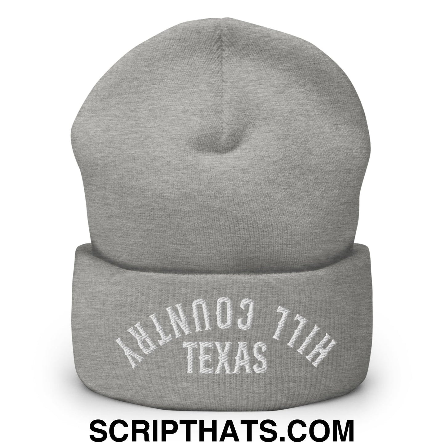 Upside Down Texas Hill Country Embroidered Knit Cuffed Beanie Heather Grey