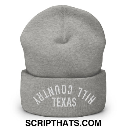 Upside Down Texas Hill Country Embroidered Knit Cuffed Beanie Heather Grey