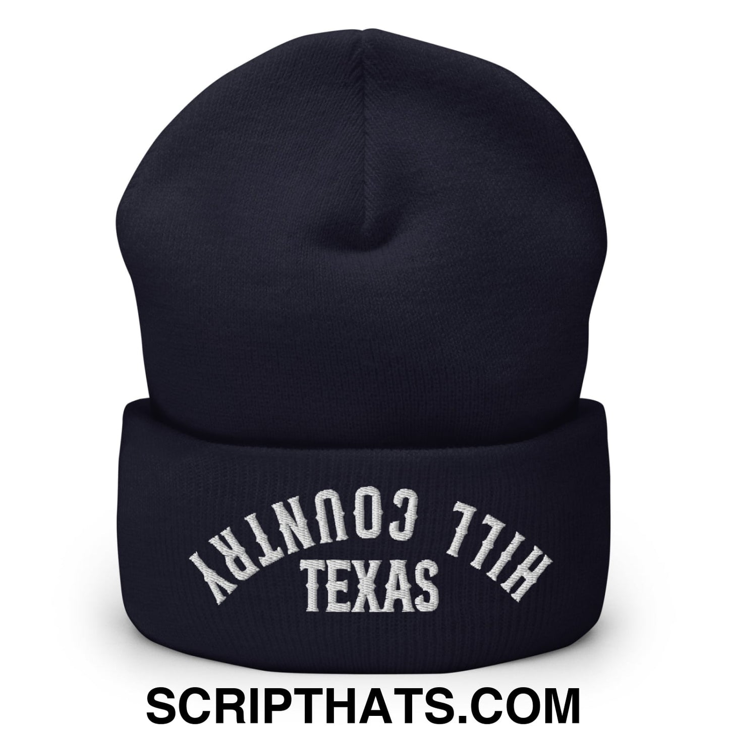 Upside Down Texas Hill Country Embroidered Knit Cuffed Beanie Navy