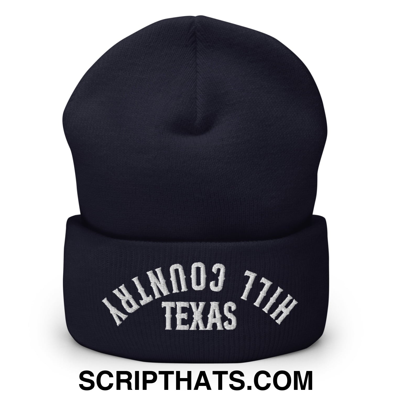 Upside Down Texas Hill Country Embroidered Knit Cuffed Beanie Navy