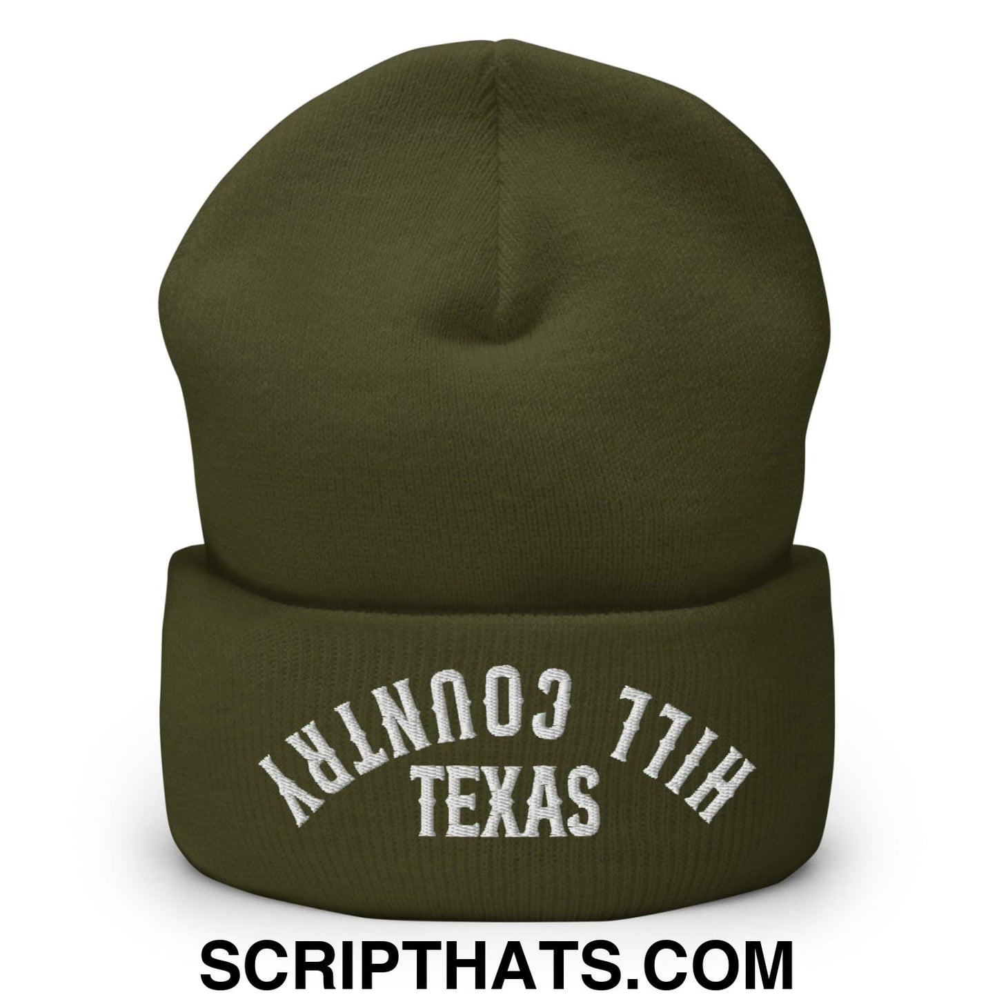 Upside Down Texas Hill Country Embroidered Knit Cuffed Beanie Olive