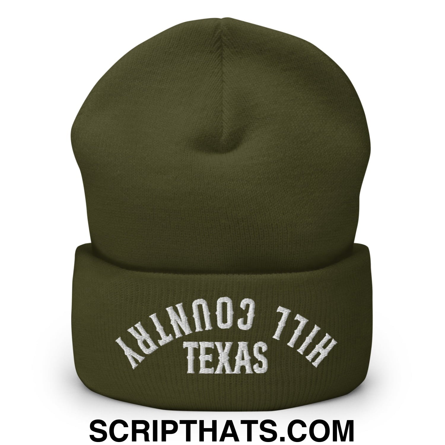Upside Down Texas Hill Country Embroidered Knit Cuffed Beanie Olive