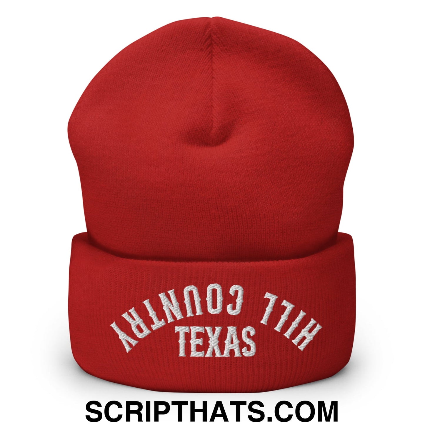 Upside Down Texas Hill Country Embroidered Knit Cuffed Beanie Red