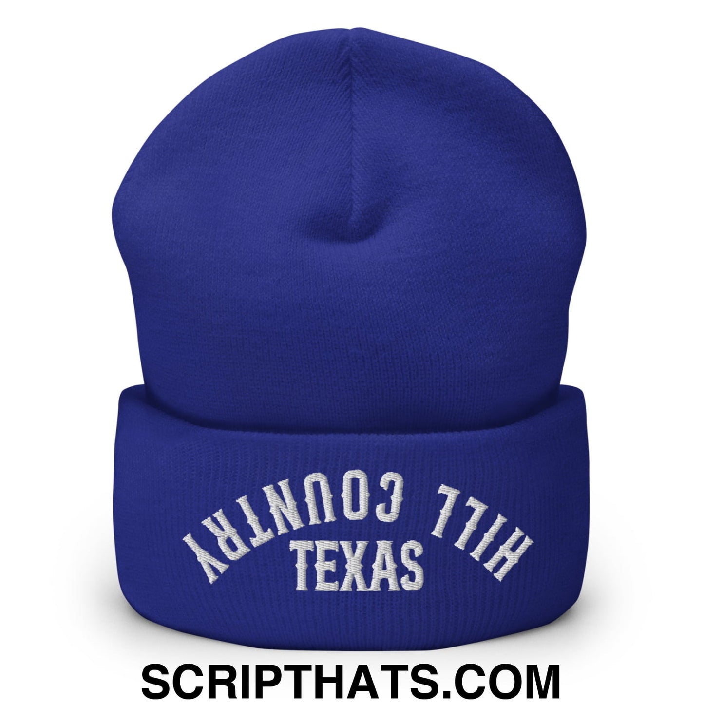 Upside Down Texas Hill Country Embroidered Knit Cuffed Beanie Royal