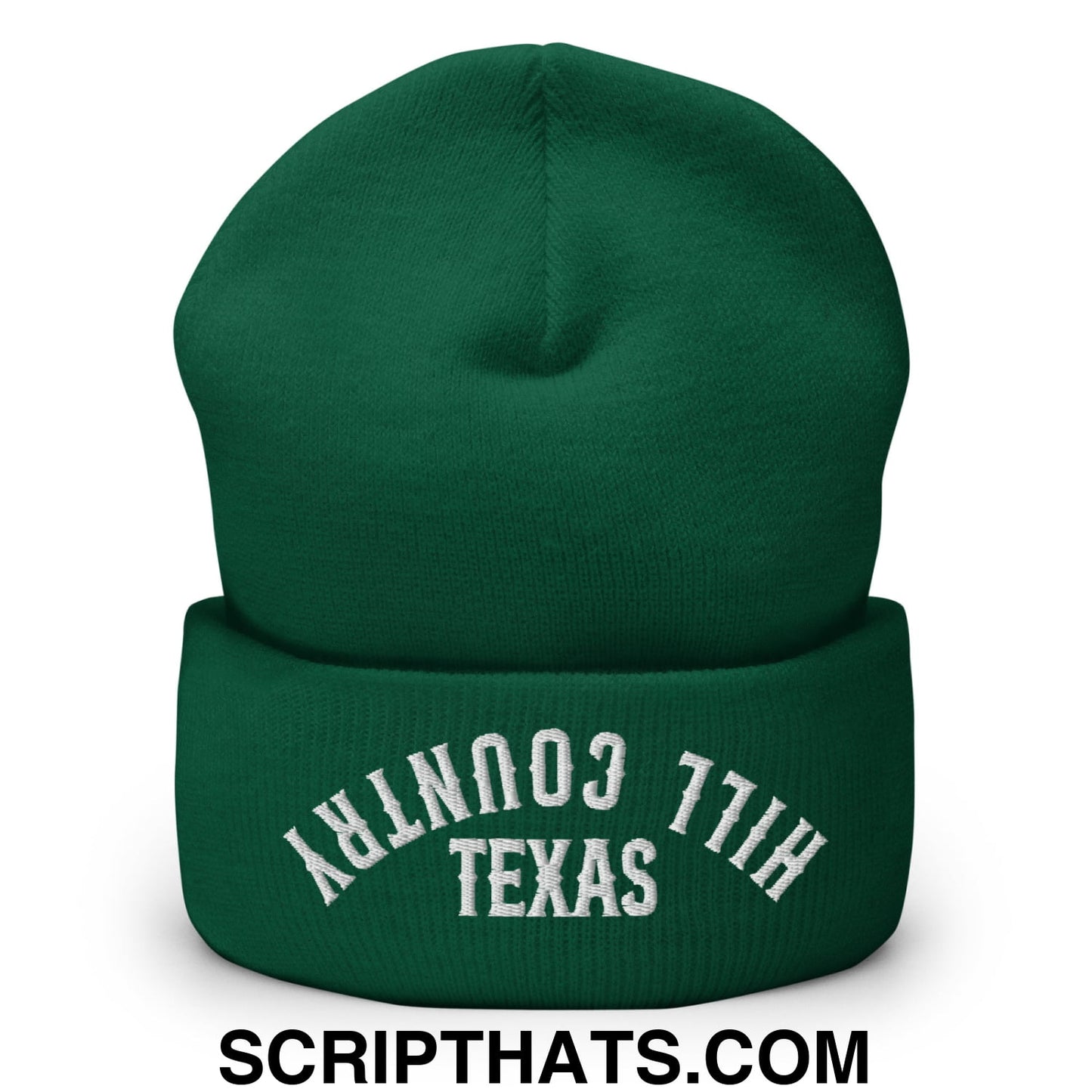 Upside Down Texas Hill Country Embroidered Knit Cuffed Beanie Spruce