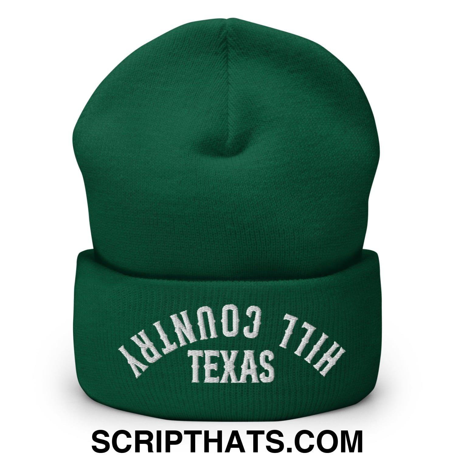 Upside Down Texas Hill Country Embroidered Knit Cuffed Beanie Spruce