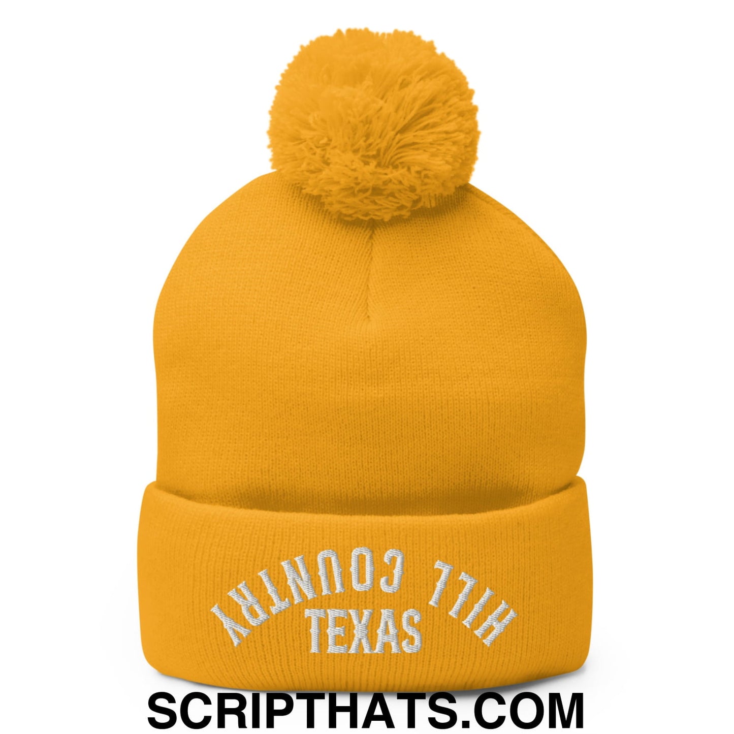 Upside Down Texas Hill Country Embroidered Knit Pom Pom Beanie Gold