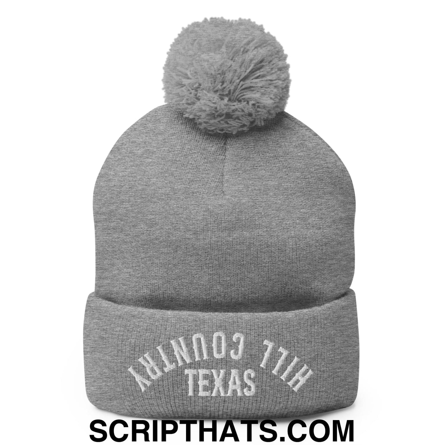 Upside Down Texas Hill Country Embroidered Knit Pom Pom Beanie Heather Grey
