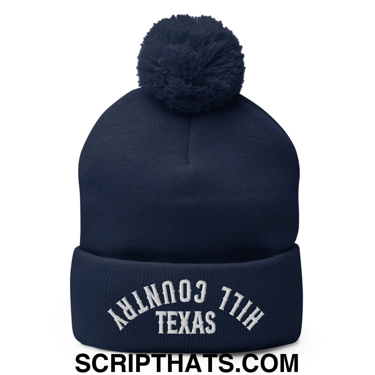 Upside Down Texas Hill Country Embroidered Knit Pom Pom Beanie Navy